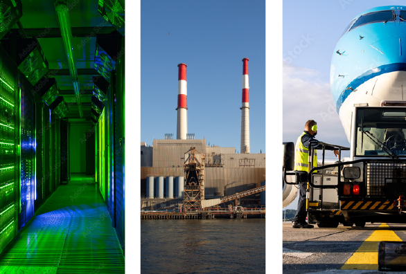 Photos showing the different types of customers NovoHydrogen works with in the industrial, transportation, and power sectors